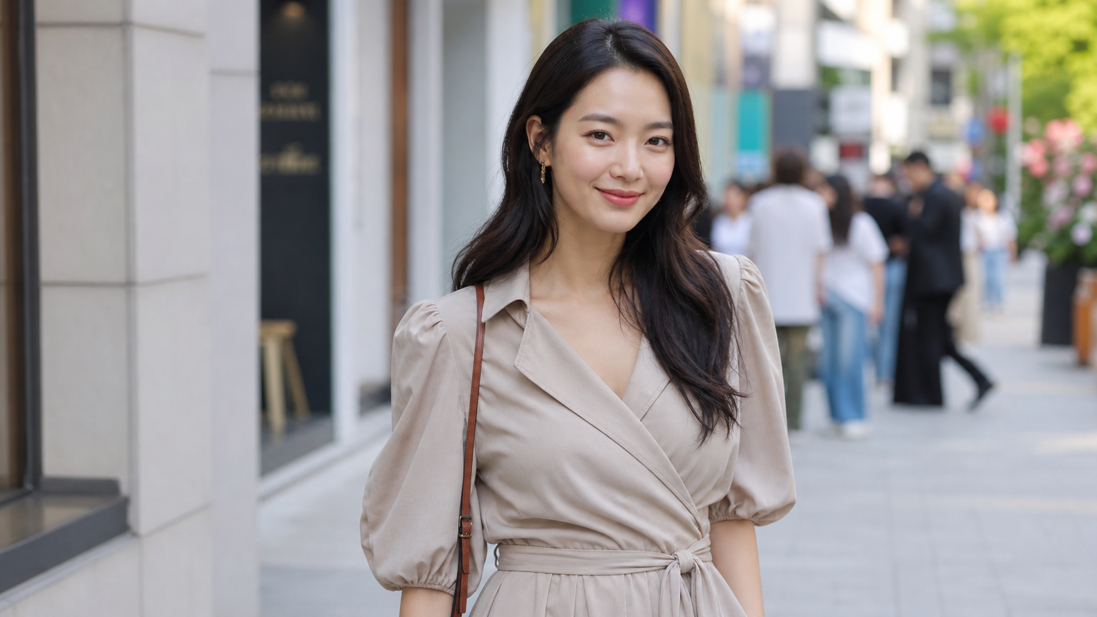 랩스타일과 퍼프 소매가 돋보이는 세련된 셔츠 원피스를 입은 신민아의 우아한 모습
