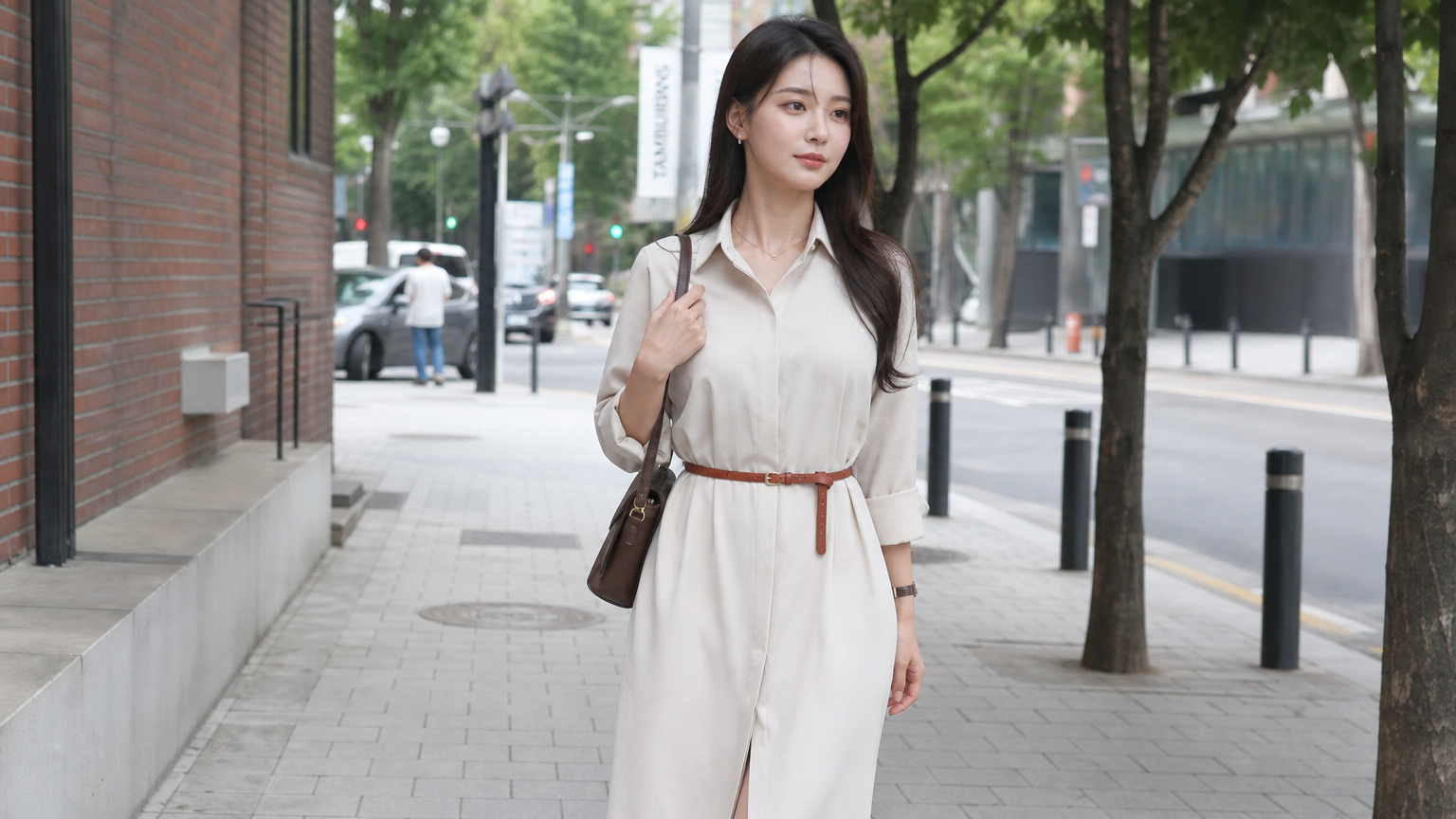 얇은 가죽 벨트로 허리를 강조하며 도시 속에서 자신감 넘치는 여성의 모습