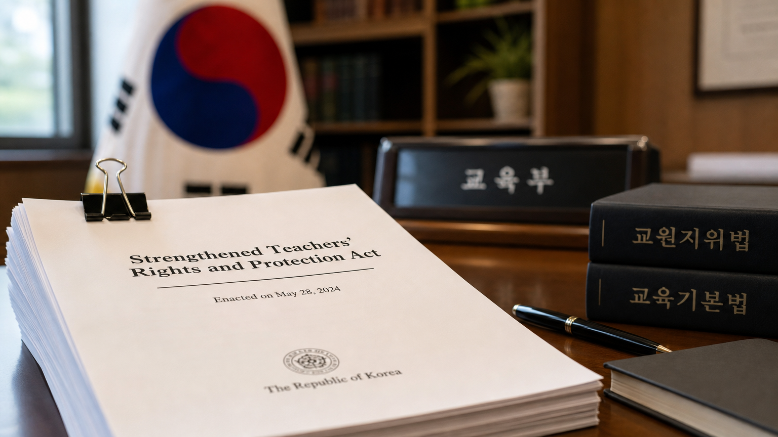 책상 위에 놓인 법률 문서와 배경의 한국 국기가 강조된 강화된 교권 관련 법률