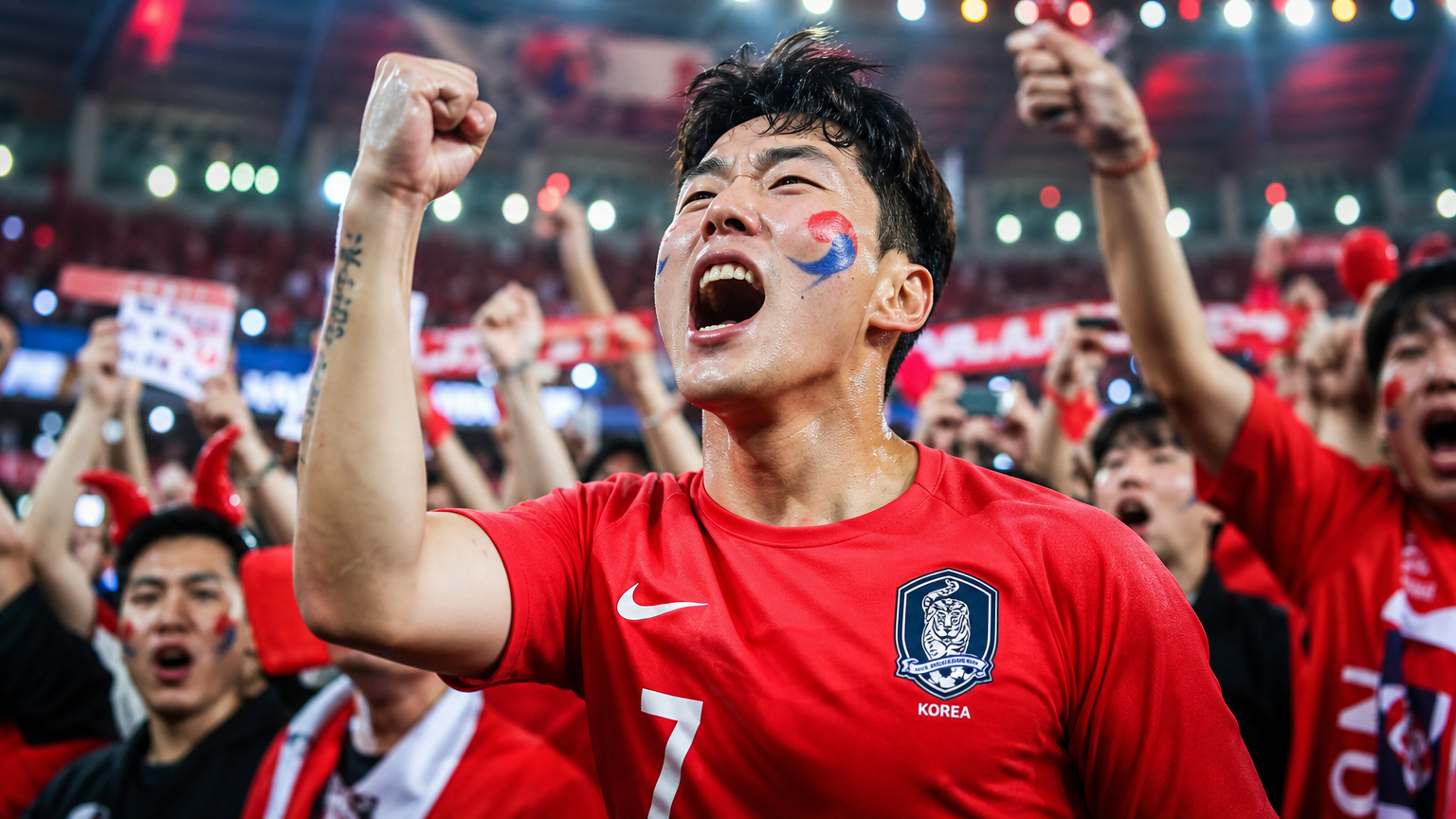 경기장에서 한국 축구 대표팀 유니폼을 입고 열정적으로 응원하는 팬