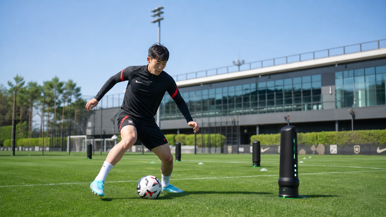 현대적인 훈련장에서 혼자 연습 중인 젊은 한국 축구 선수