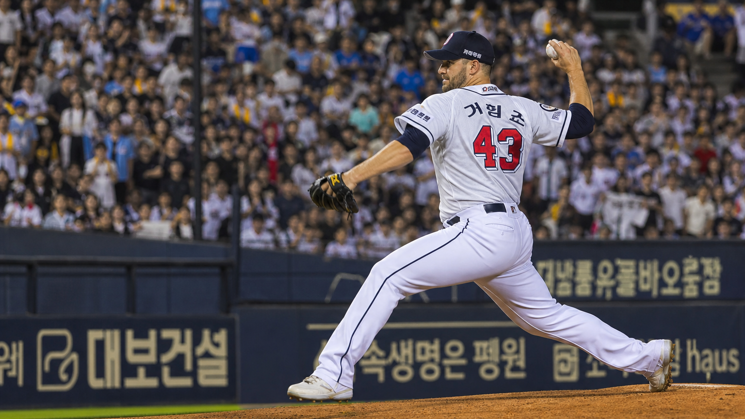 환한 조명 아래 한국 야구 경기장에서 힘차게 공을 던지는 투수의 역동적인 장면