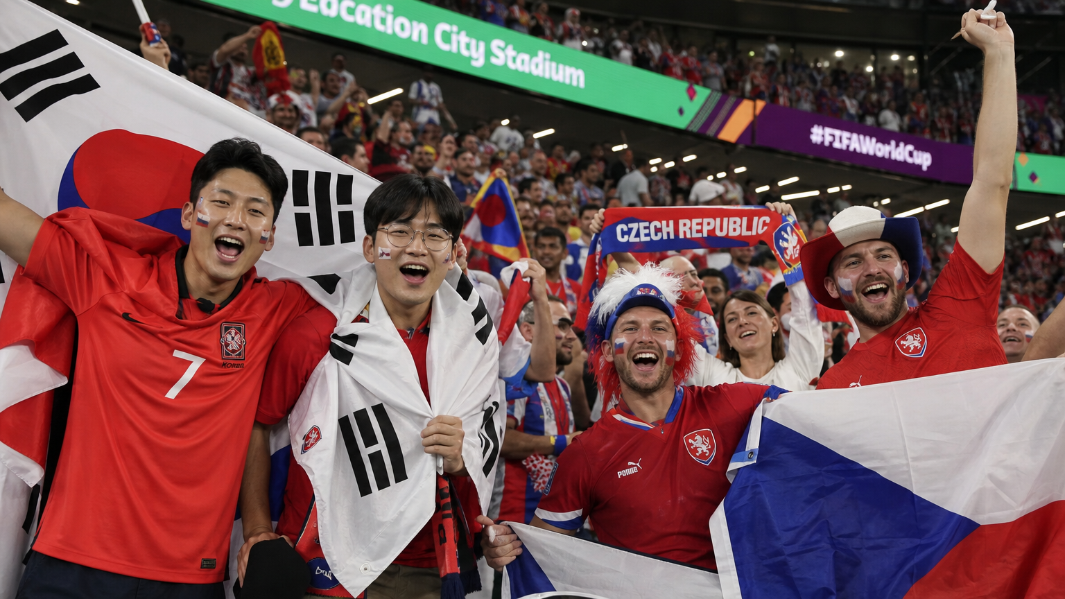 한국과 체코 축구 팬들이 경기장에서 응원하는 모습