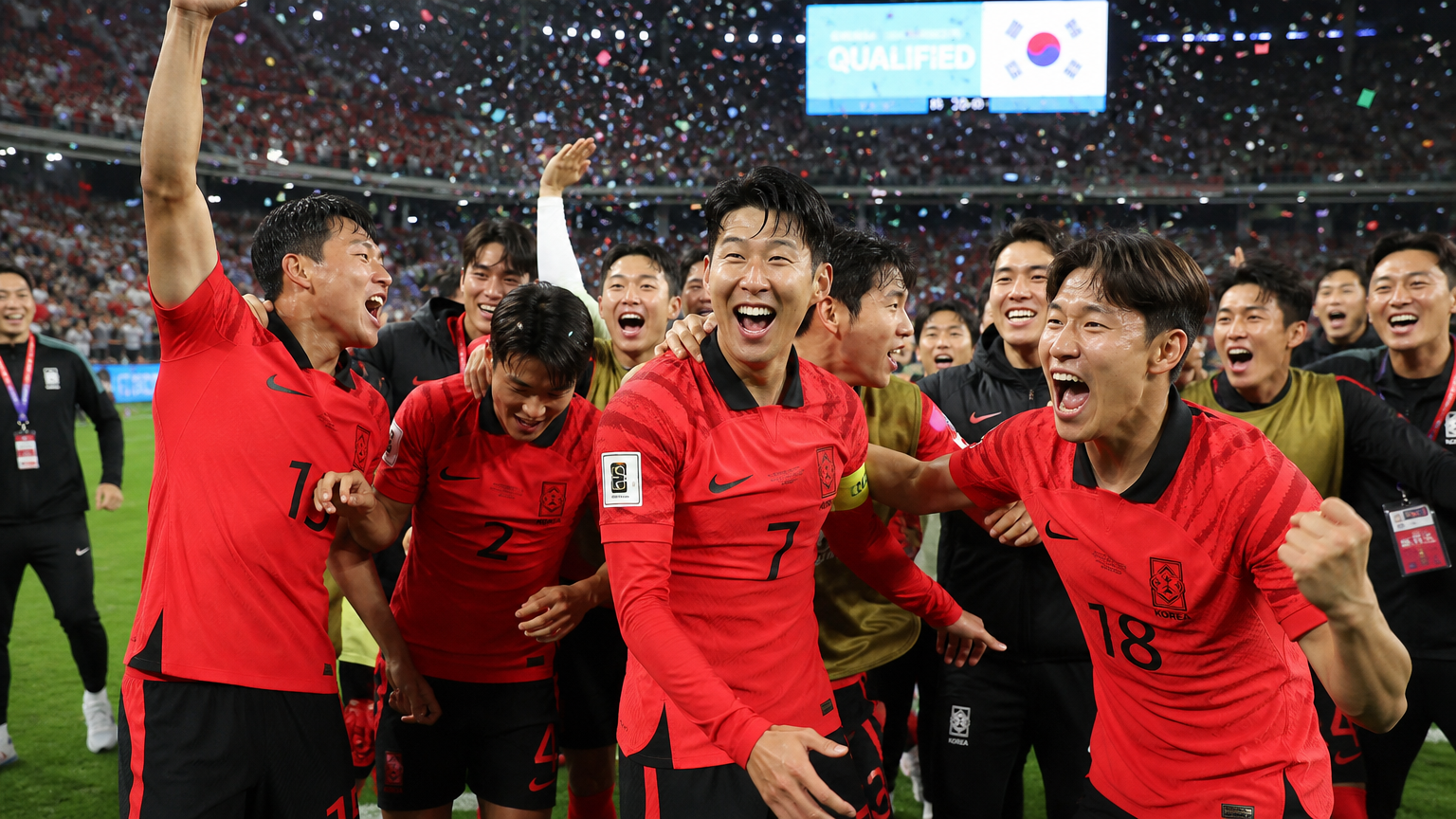 월드컵 본선 진출 확정 후 환호하는 한국 축구 국가대표팀