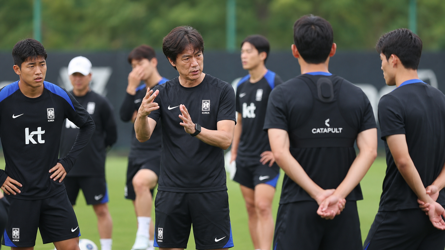 젊고 경험 많은 한국 축구 선수들이 훈련 중인 모습