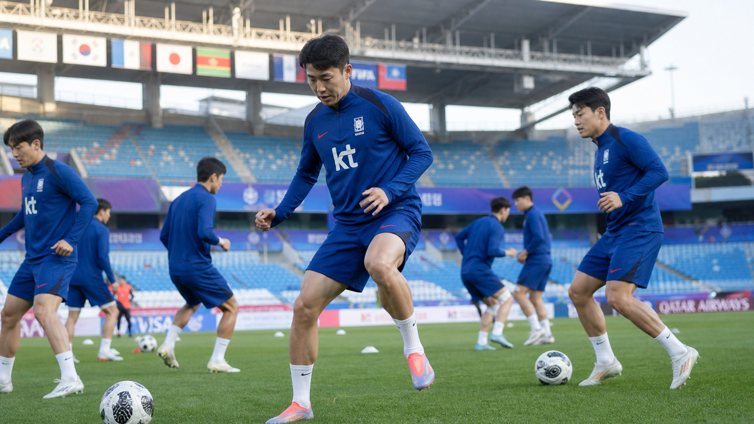 국제적인 분위기의 경기장에서 훈련 중인 축구 선수들의 열정적인 모습