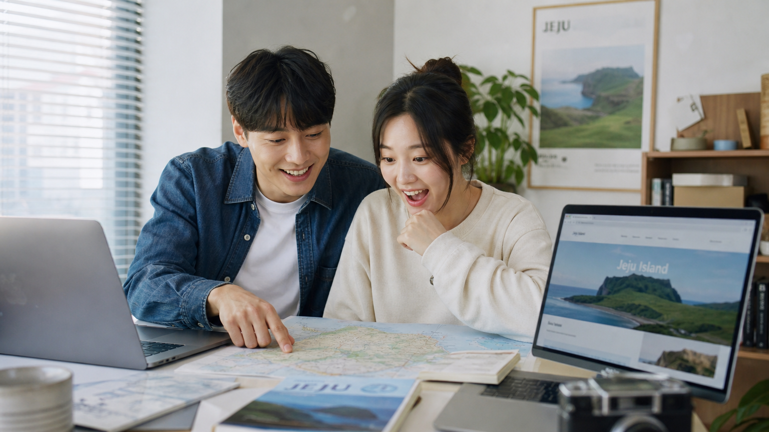젊은 커플이 제주도 여행을 계획하며 지도를 펼쳐놓고 있는 모습