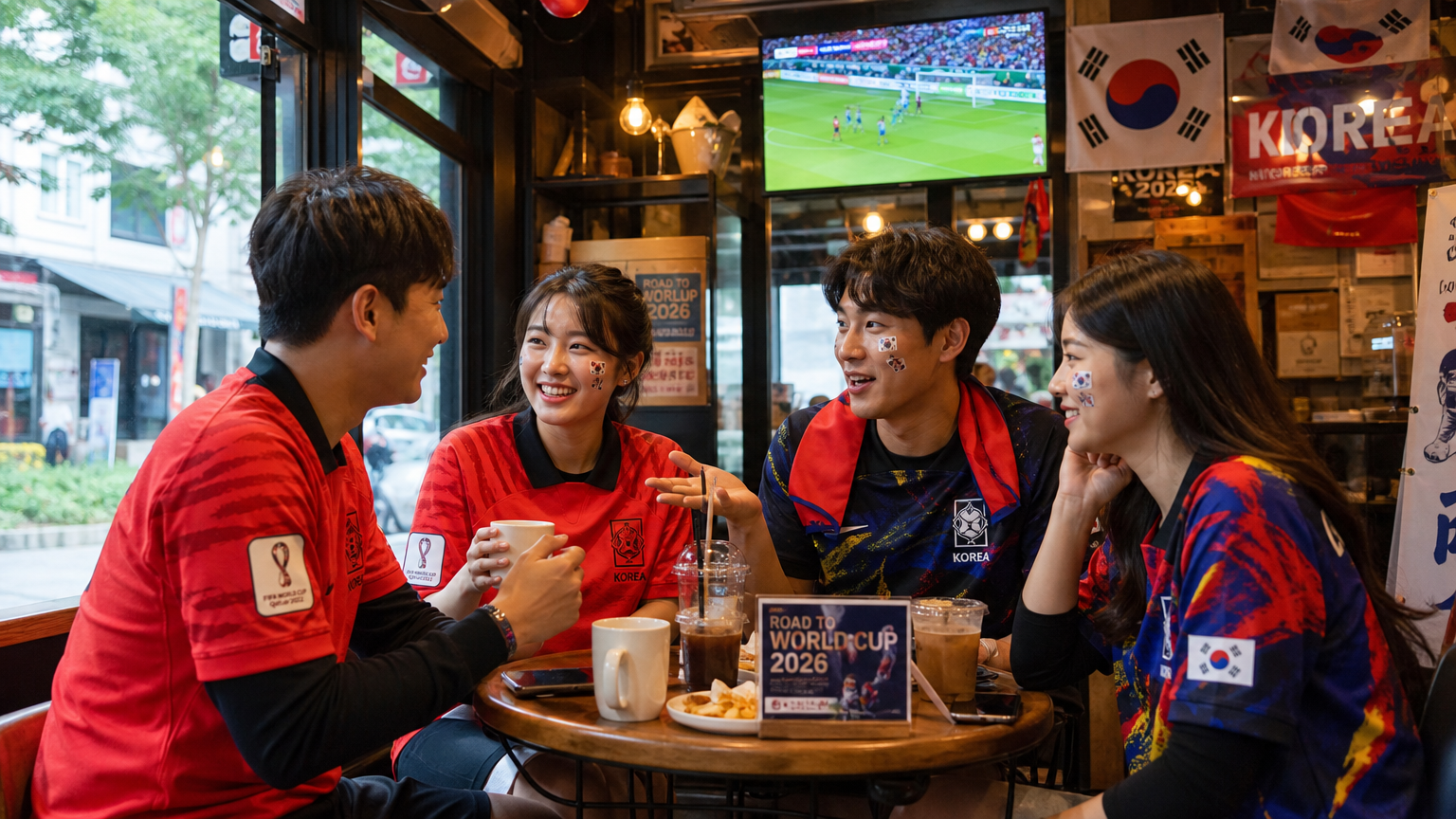 서울의 한 카페에서 월드컵을 기대하며 이야기하는 축구 팬들의 모습
