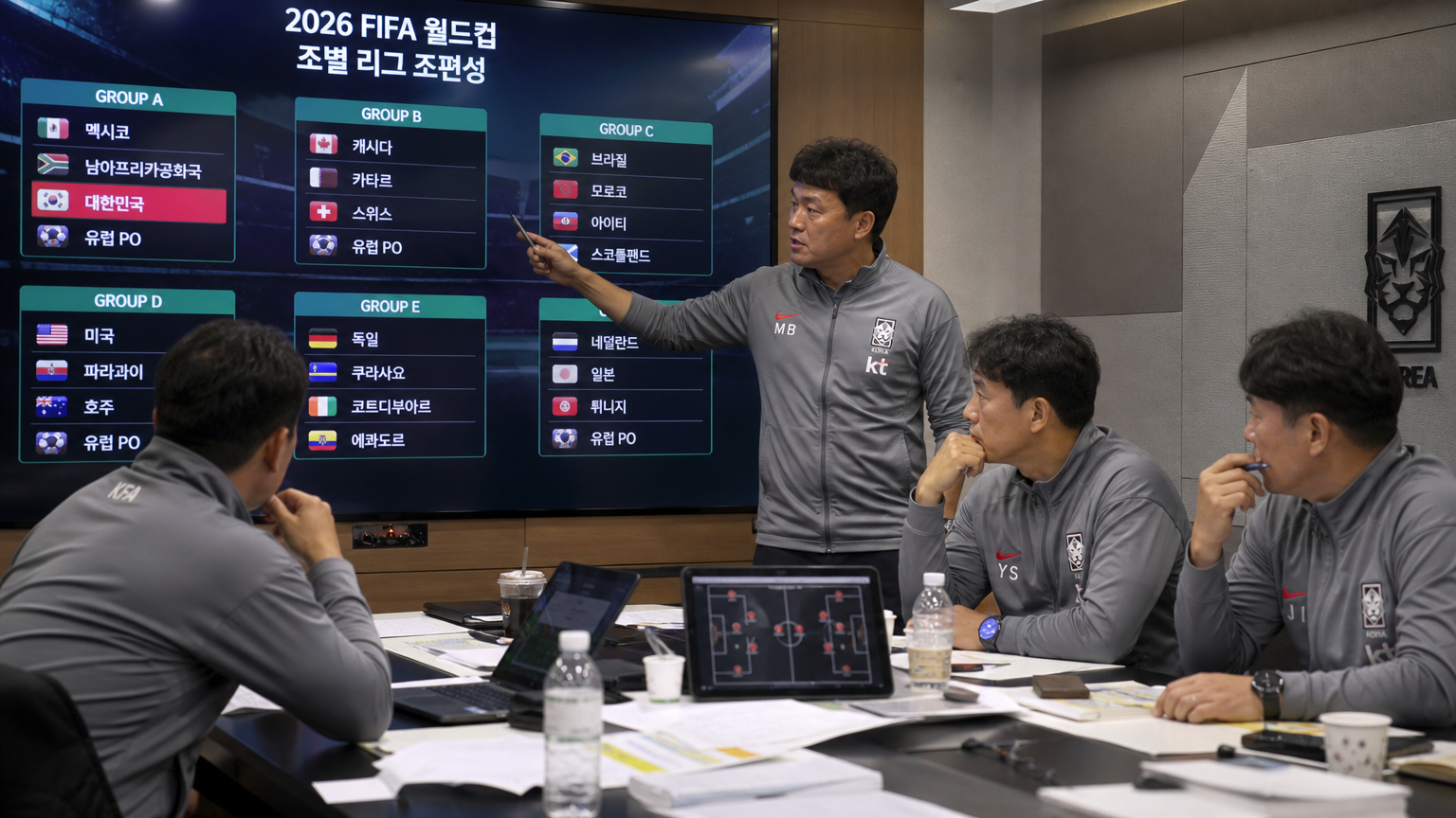 디지털 화면으로 월드컵 조별리그를 분석하는 한국 축구 대표팀 코치진의 전략 회의