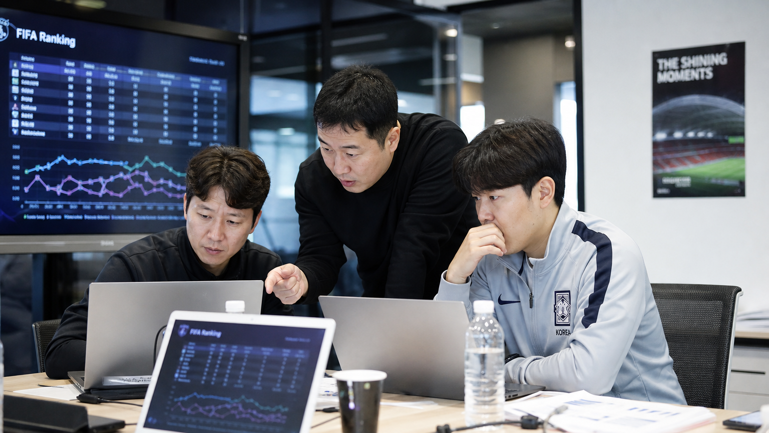 현대적인 사무실에서 FIFA 랭킹 데이터를 검토하는 한국 축구 분석가들