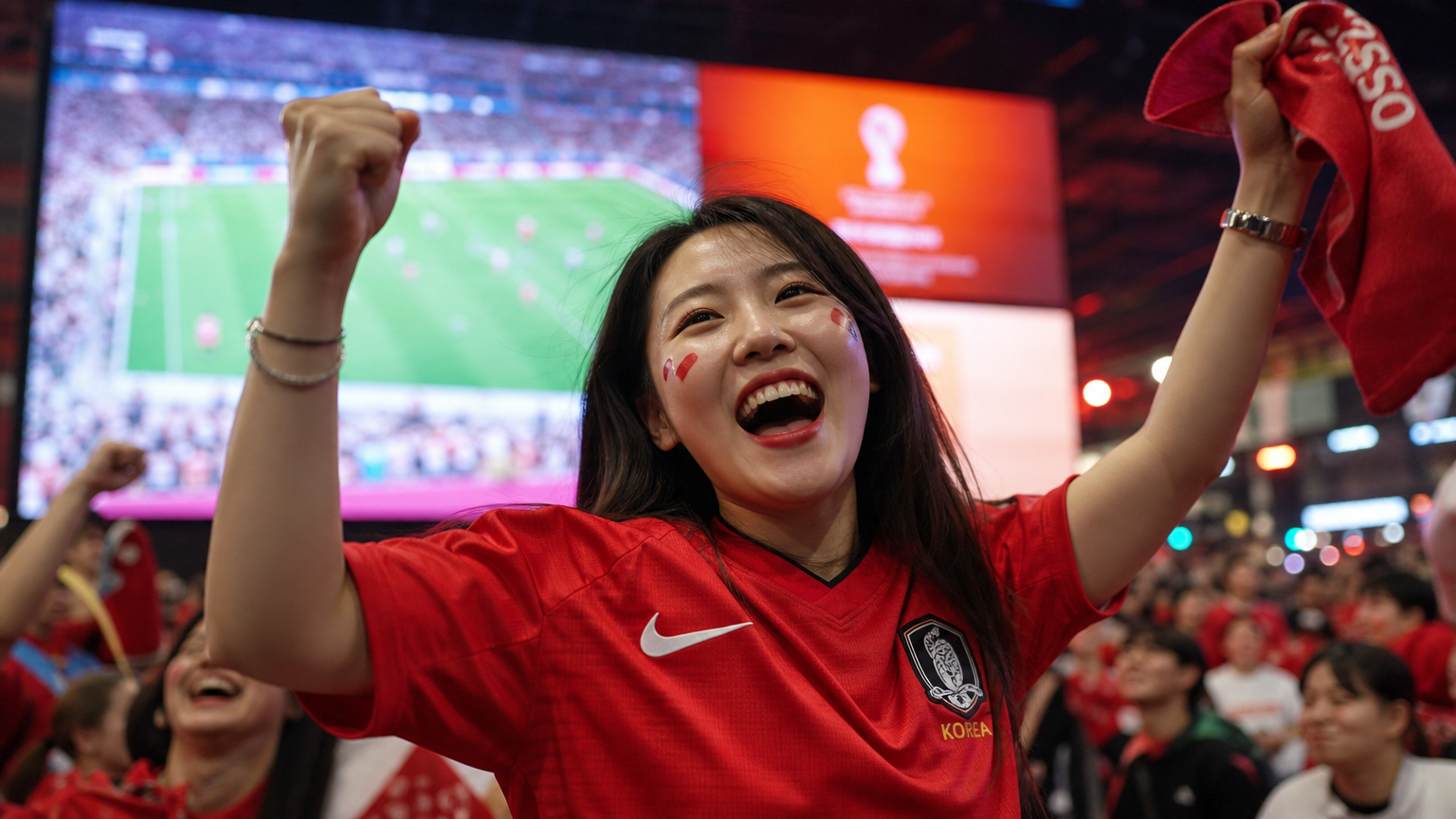 현대적인 축구 유니폼을 입고 월드컵 경기를 응원하는 팬의 모습