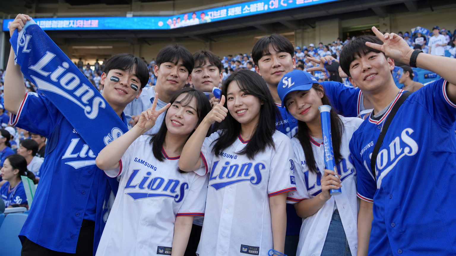 삼성 라이온즈 유니폼을 입고 경기장을 찾아 경기를 기다리는 열정적인 팬들