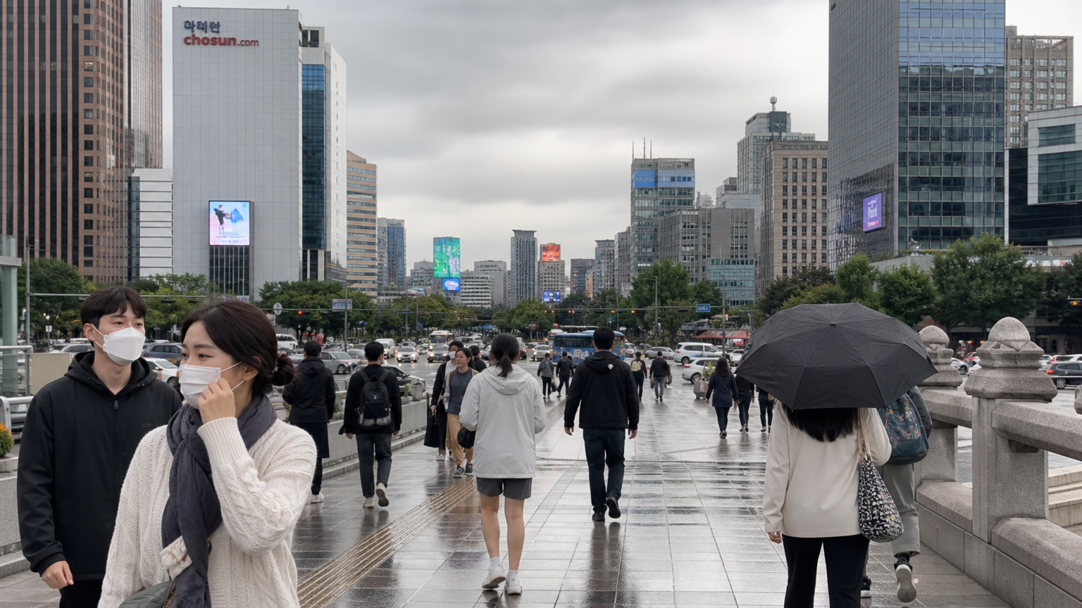 예측 불가능한 날씨 속에서 다양한 온도에 맞춰 옷을 입은 사람들이 있는 현대적인 도시 풍경