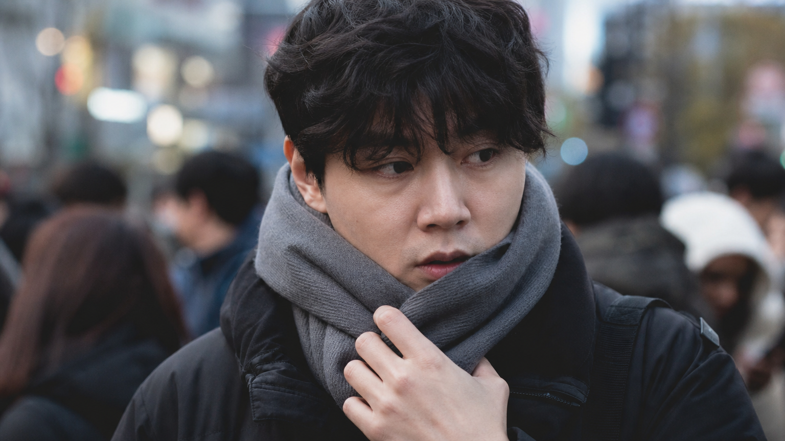 급격한 온도 변화로 인한 신체적 스트레스를 보여주기 위해 바쁜 거리에서 목도리를 조정하는 사람의 클로즈업
