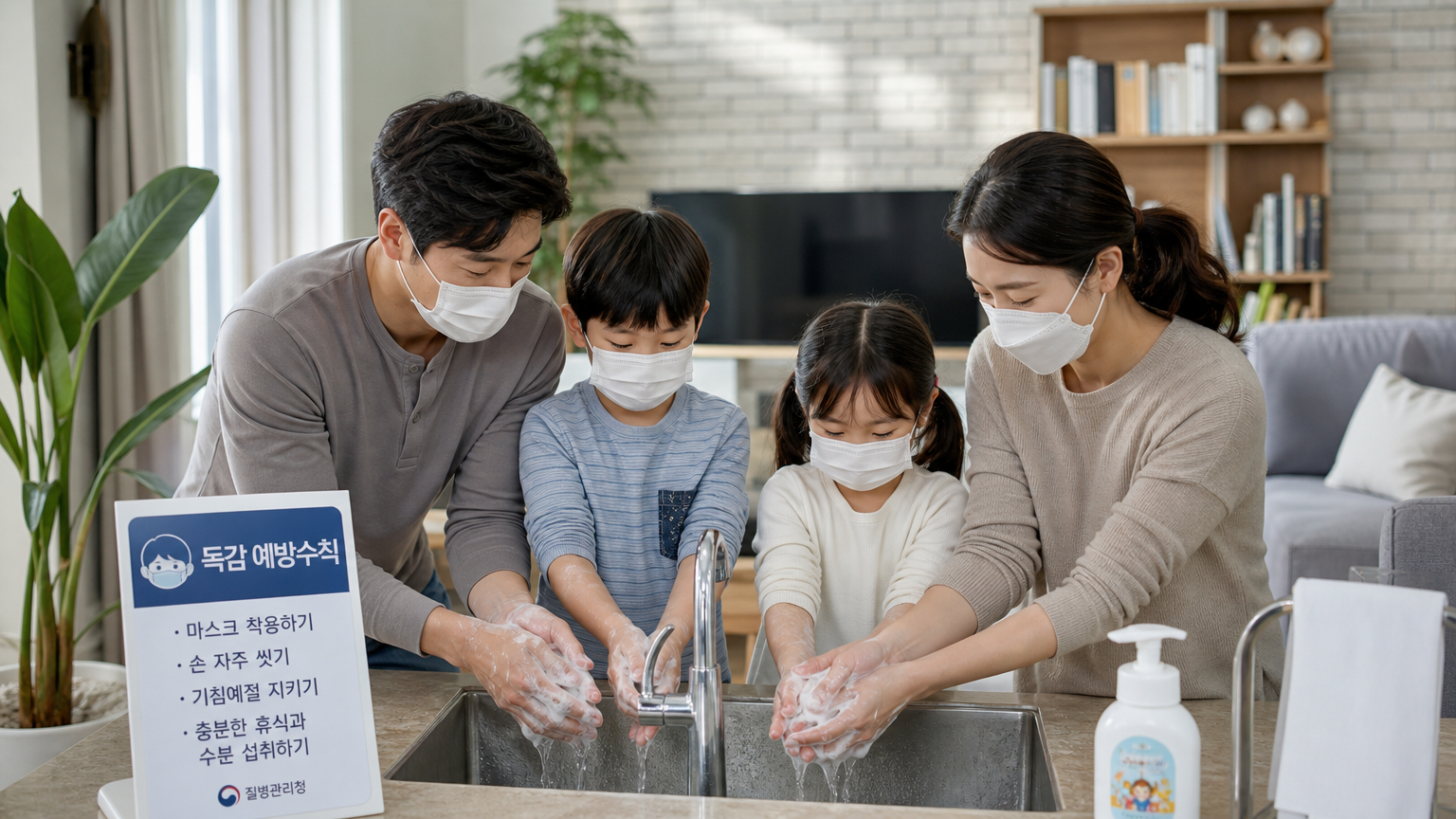 감기 시즌 동안 예방 관리를 강조하며 거실에서 함께 손을 씻고 마스크를 착용하고 있는 가족