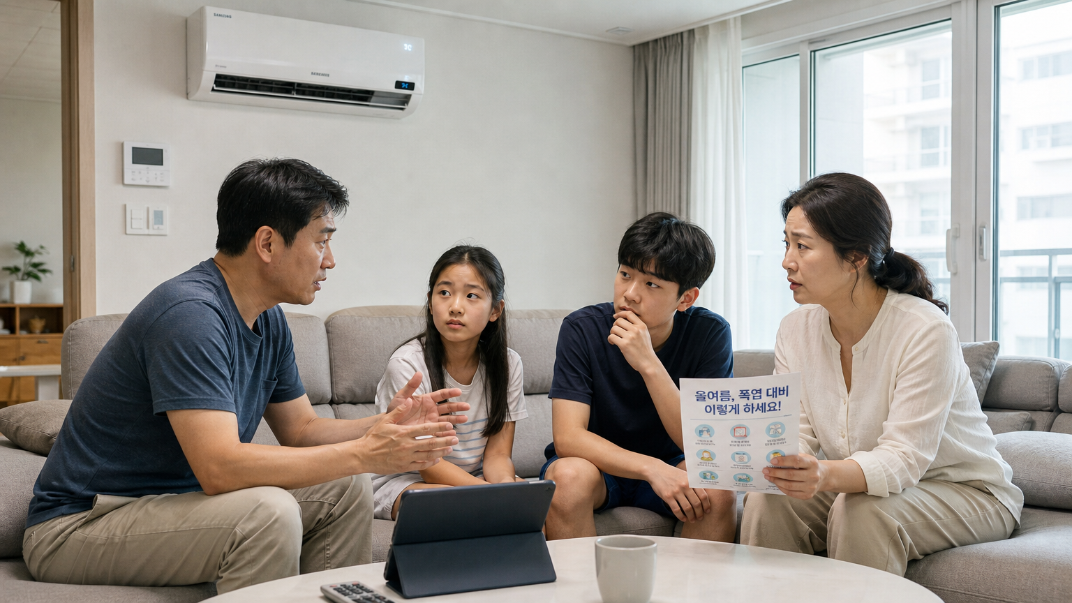한국의 가족이 거실에서 여름철 더위 대책을 논의하는 모습
