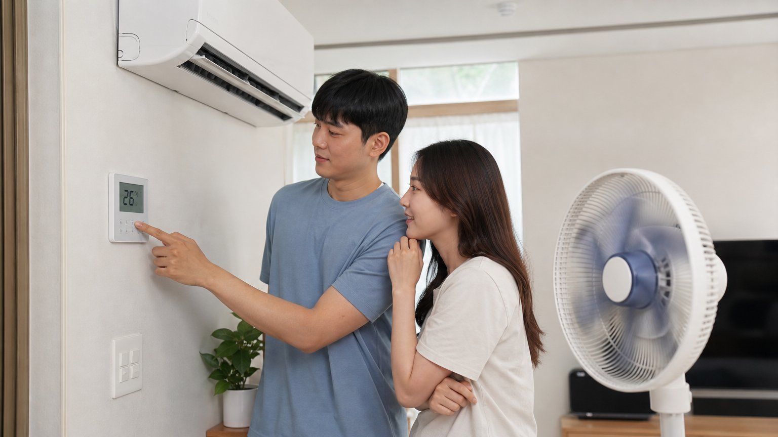 한국의 부부가 집에서 에어컨 설정을 조정하며 에너지 절약을 하는 모습