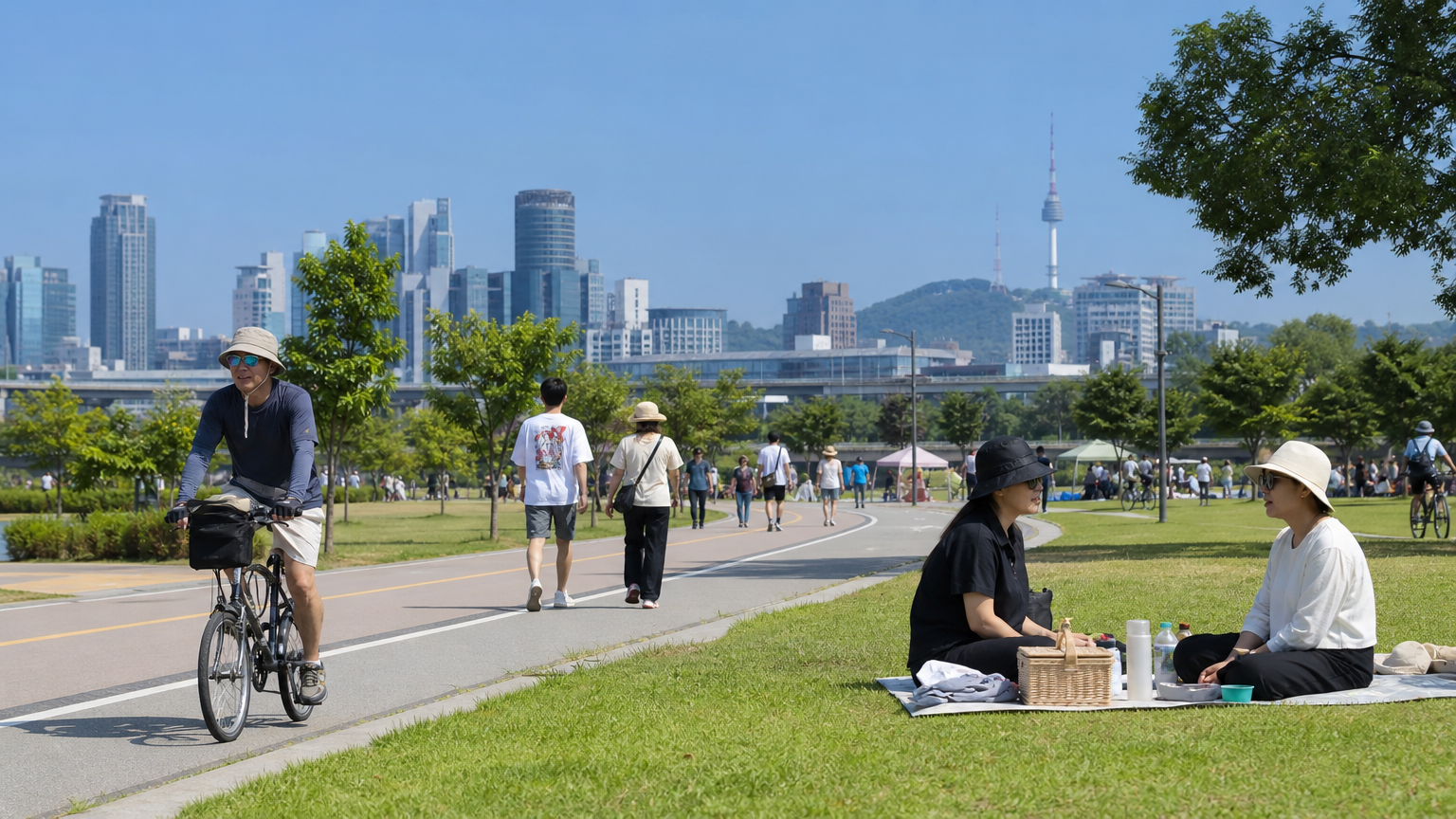 서울 공원에서 모자와 선글라스를 착용한 사람들이 가벼운 활동을 하는 장면
