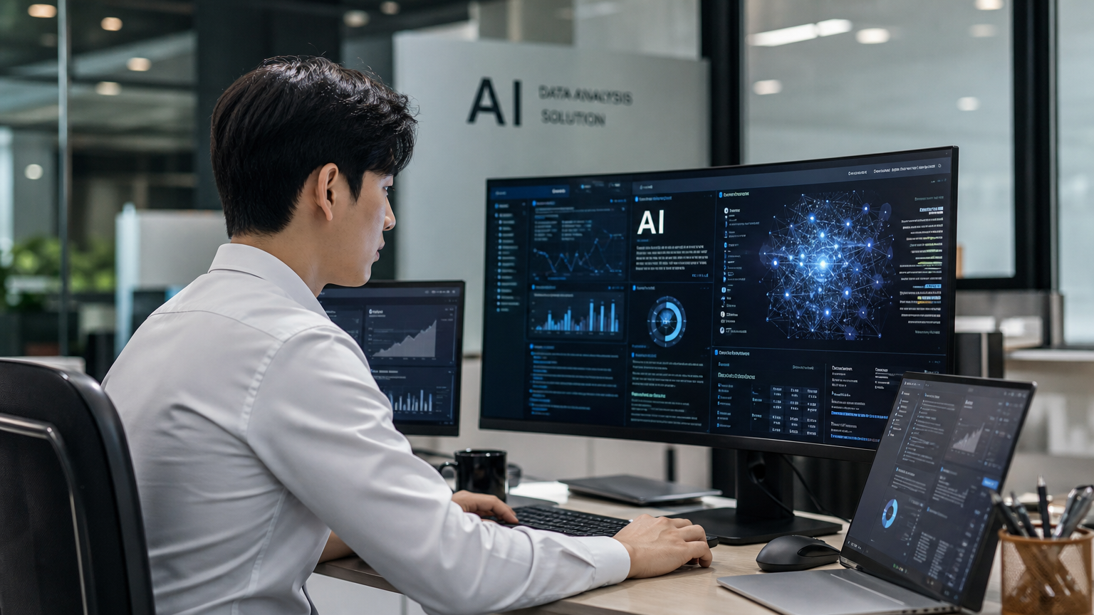 현대적인 사무실에서 컴퓨터로 AI 데이터를 분석하는 직장인의 모습