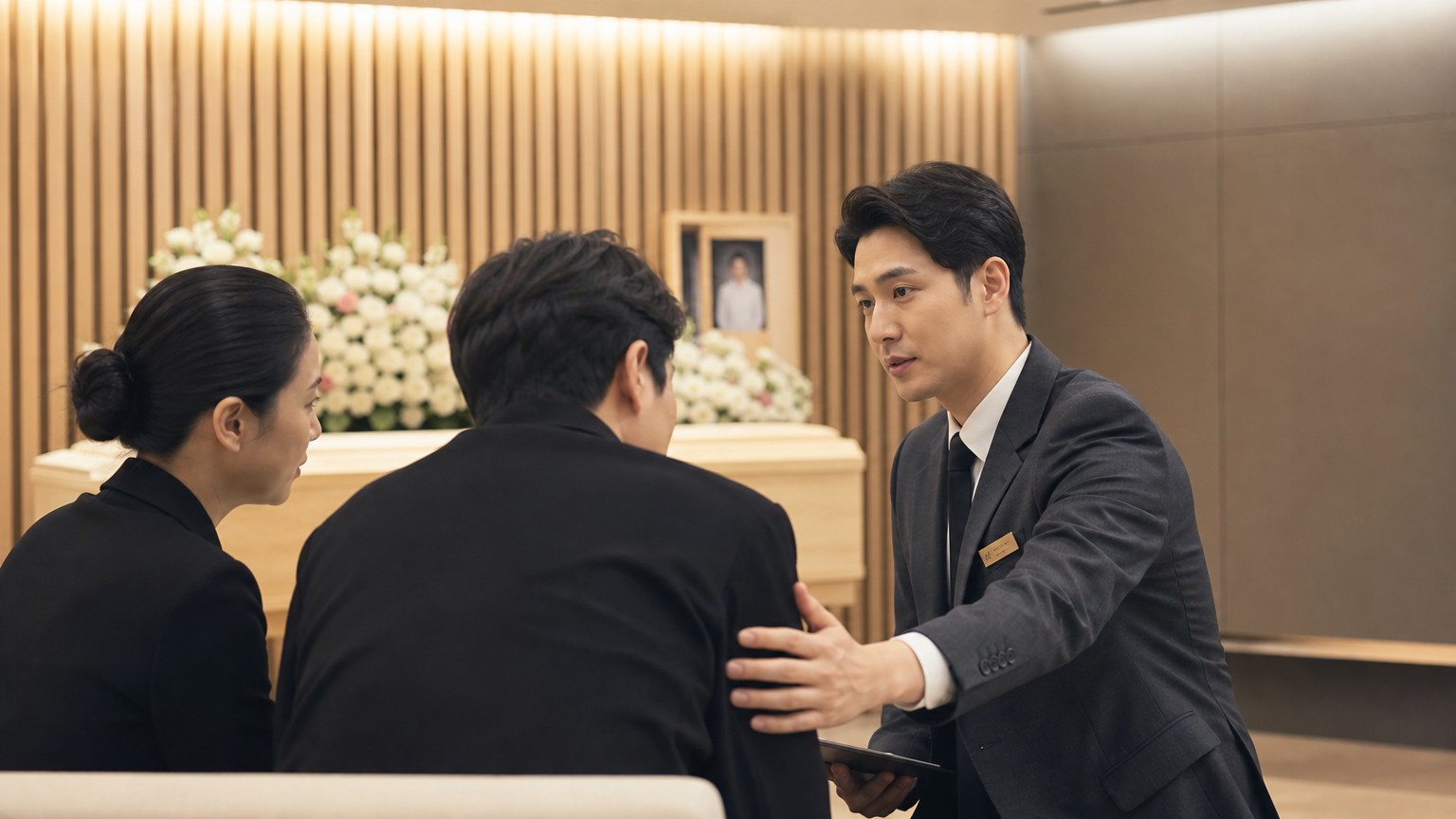 현대적인 장례식장에서 유가족에게 위로를 전하는 감례인의 모습