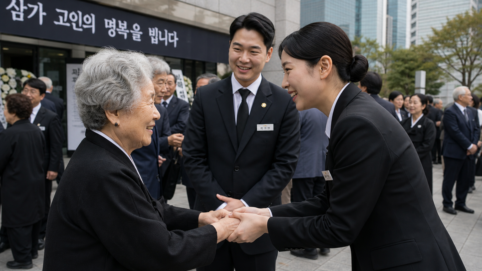 도심 환경에서 다양한 연령층과 상호작용하는 노년층과 젊은 장례 서비스 전문가들