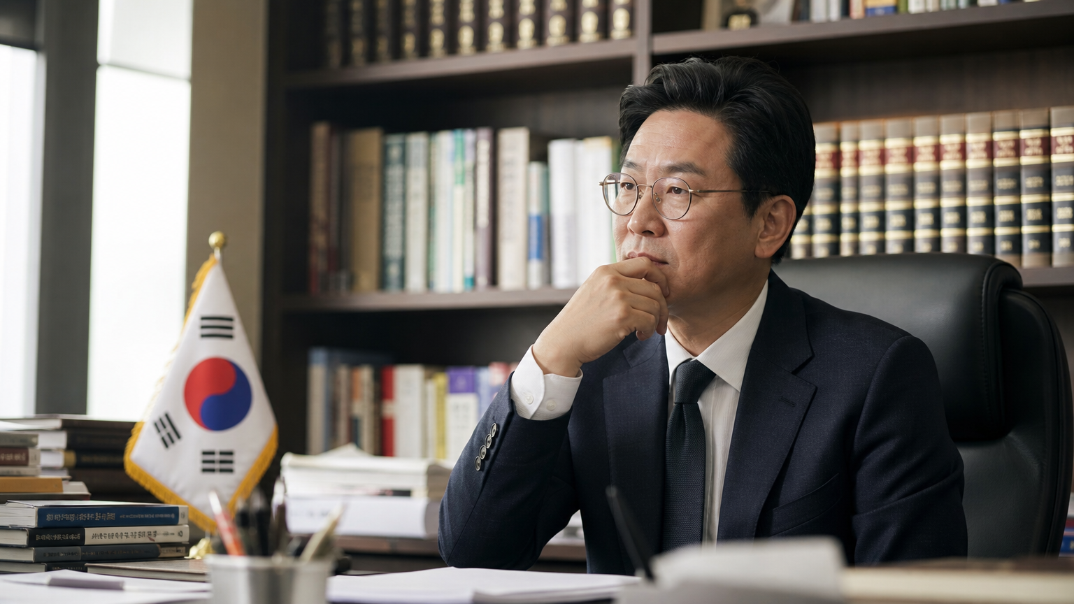 법과 정치 책이 가득한 사무실에서 자신의 정치 여정을 회상하는 현대적 한국 남성