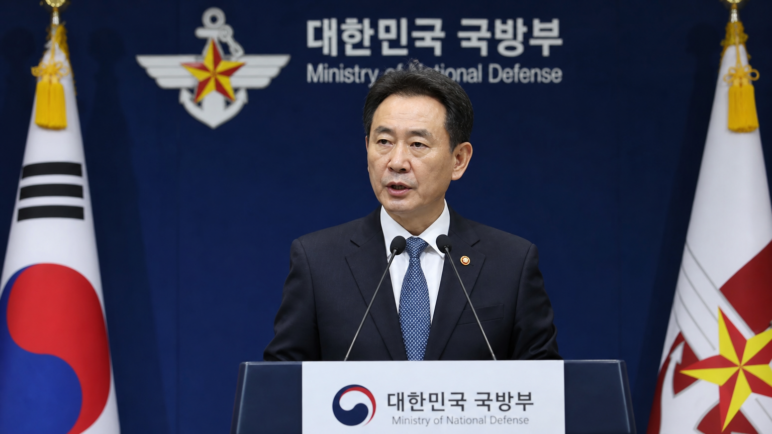 군 개혁 및 문민 통제를 논의하는 기자회견장에서의 한국 국방부 장관