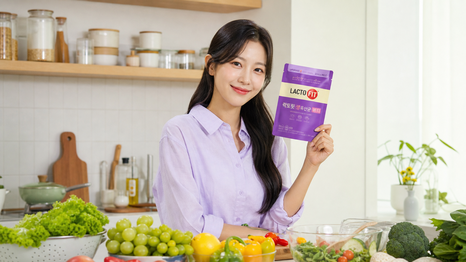 현대적인 주방에서 신선한 채소와 과일이 있는 환경에서 락토핏 프로바이오틱스를 들고 있는 여성