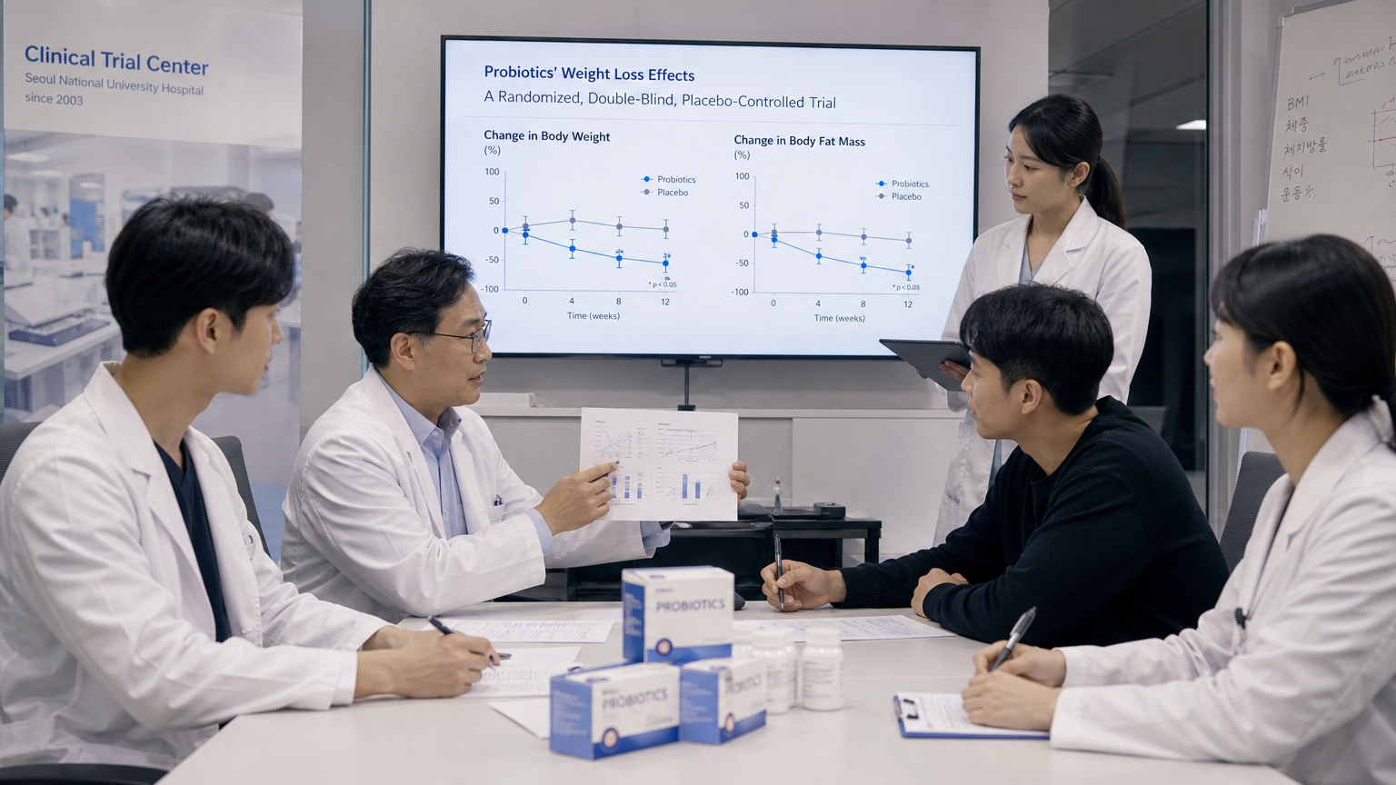 임상 시험 환경에서 다양한 사람들이 모여 프로바이오틱스의 체중 감량 효과를 논의하고 분석하는 모습