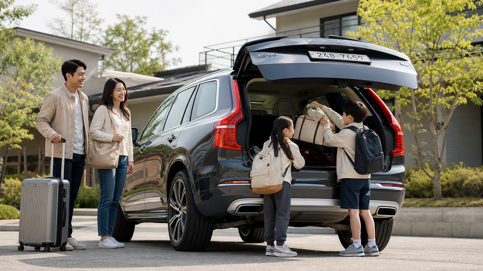 볼보 XC90에 짐을 싣고 가족 여행을 준비하는 모습