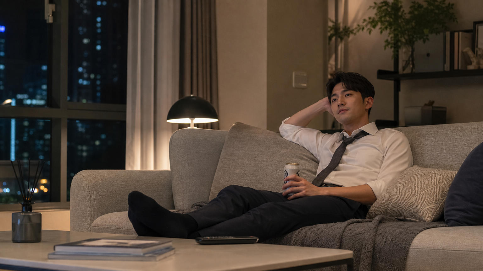 현대적인 거실 소파에 앉아 밤에 TV를 보는 직장인의 모습