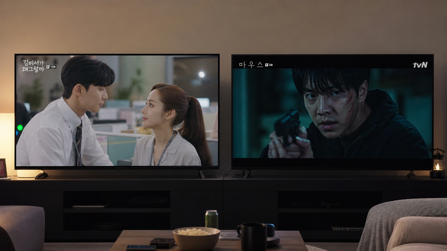 서로 다른 장르의 두 한국 드라마가 나란히 놓인 TV 화면