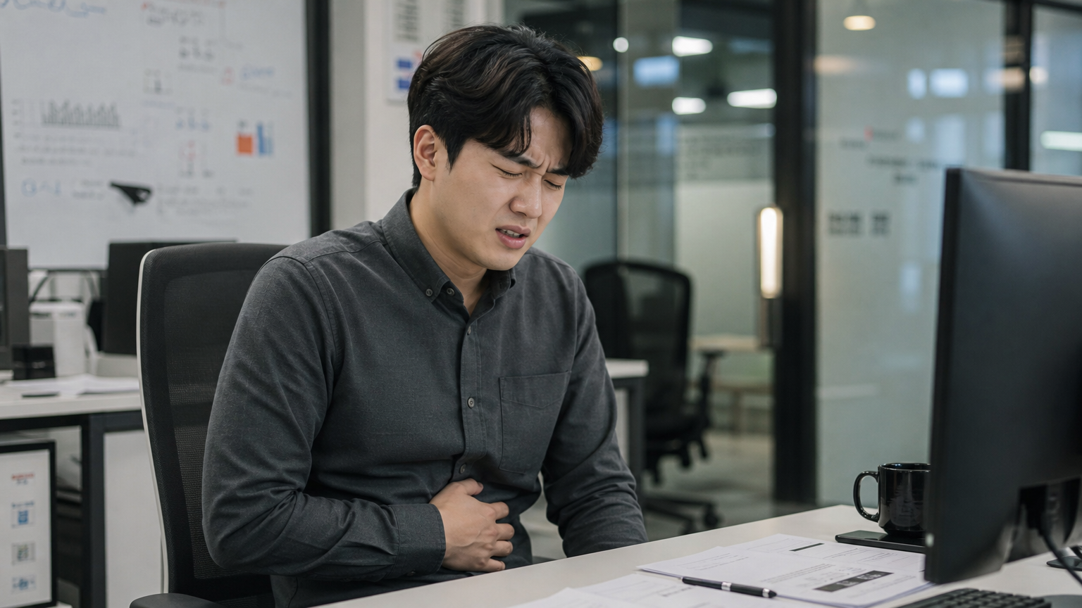 현대 사무실에서 배를 잡고 아파하는 남성의 모습