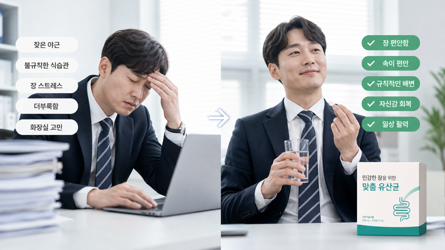 직장에서 스트레스를 받다가 맞춤형 프로바이오틱스 섭취 후 안정감을 찾은 비즈니스맨