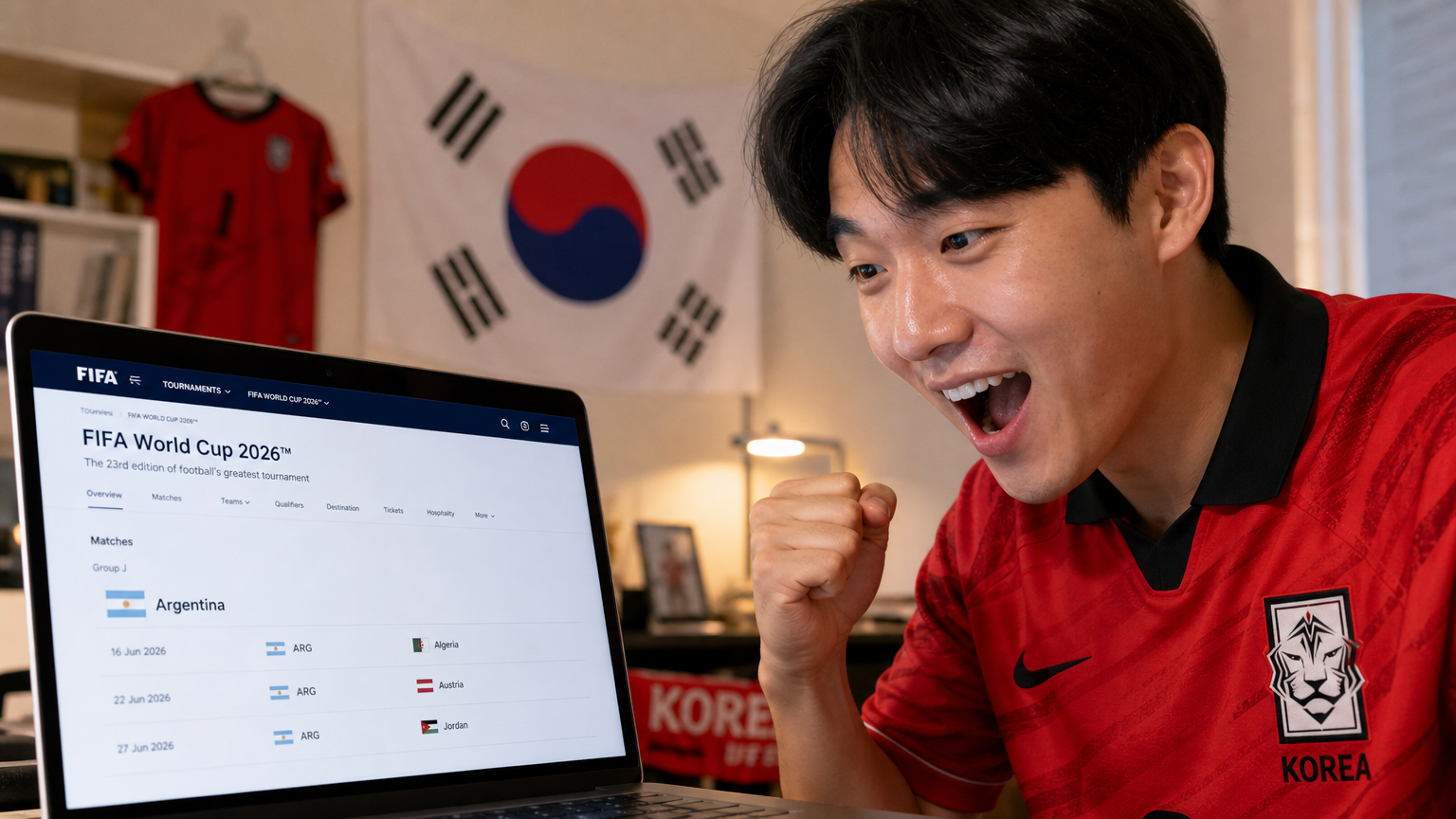 한국 축구팬이 집에서 노트북으로 아르헨티나 월드컵 일정을 읽고 있는 모습