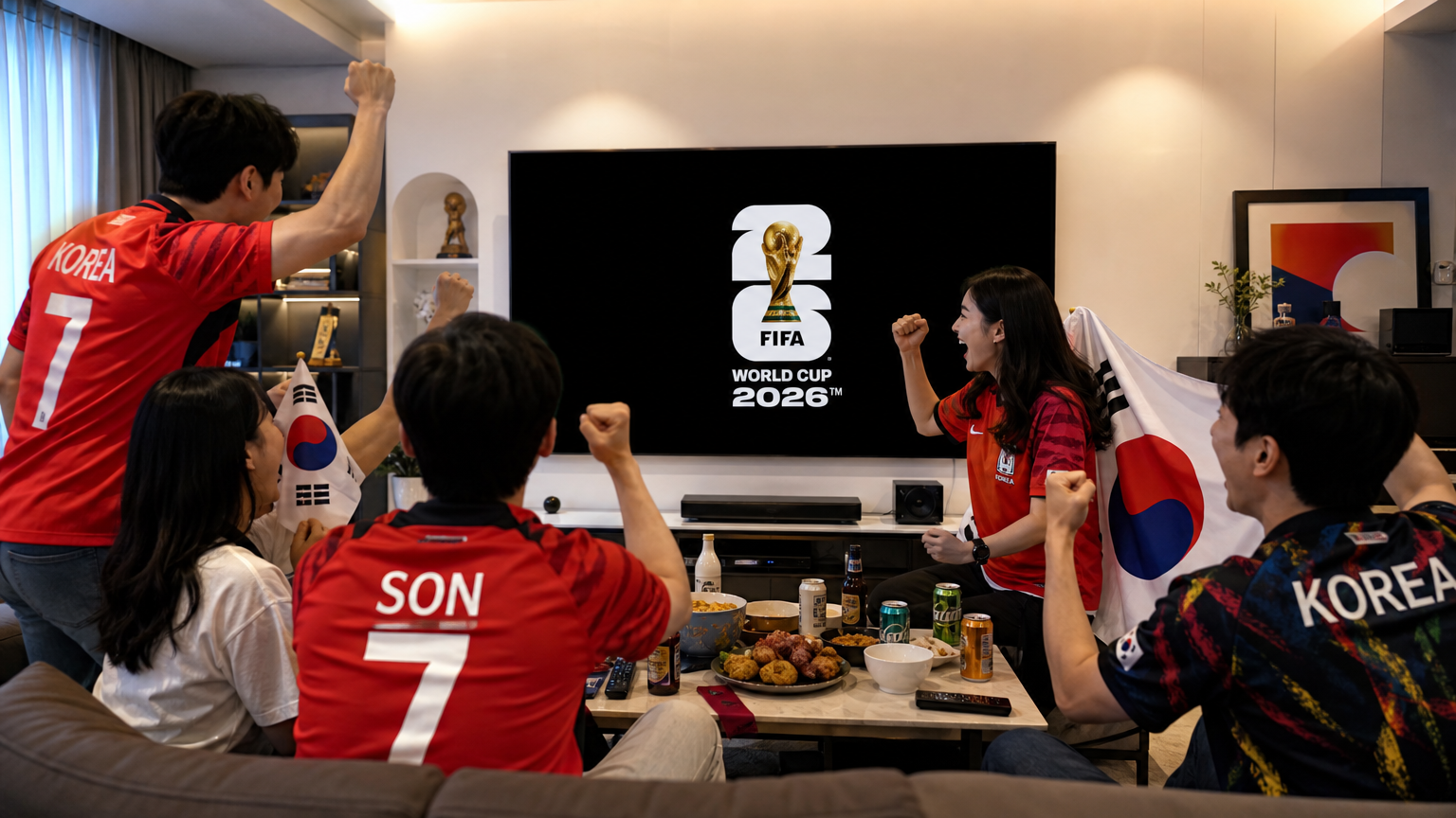 현대적인 거실에서 큰 TV 화면에 2026 FIFA 월드컵 로고가 보이고, 젊은 팬들이 기쁨에 차서 환호하는 모습
