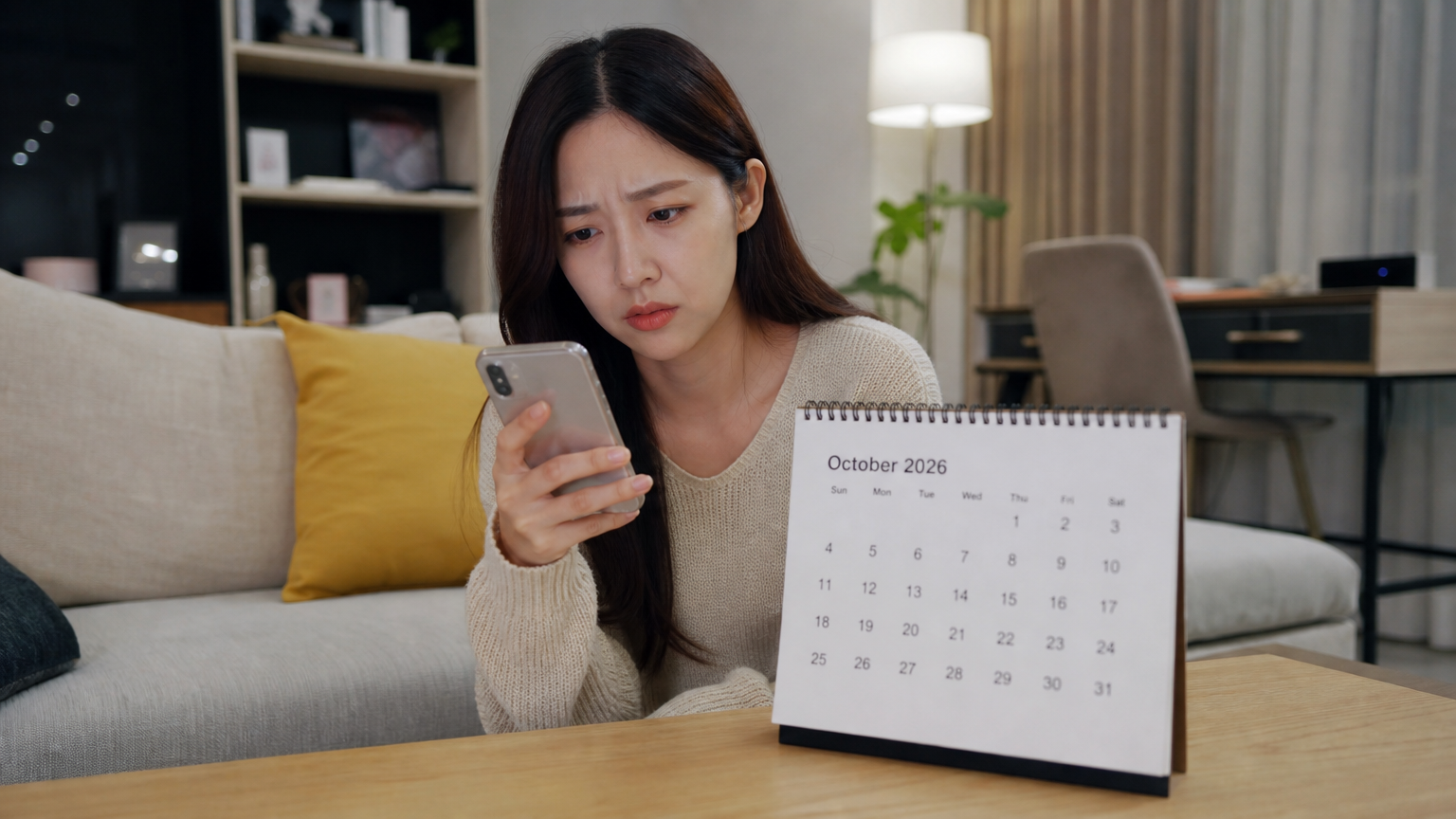 한 여성이 거실에서 스마트폰으로 일정 변경 공지를 확인하는 모습