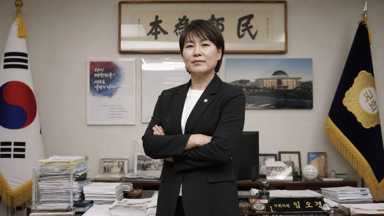 핸드볼 전설인 한국 여성이 국회 사무실에서 서류와 국기를 배경으로 당당히 서 있는 모습