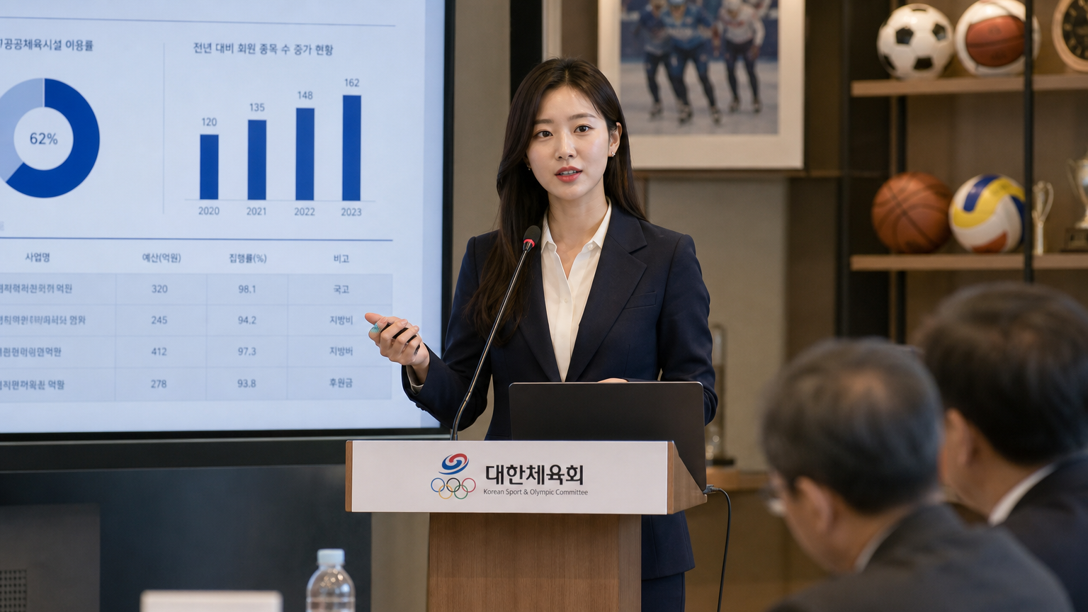 정장을 입고 스포츠 행정 회의에서 발표하는 한국 여성의 모습