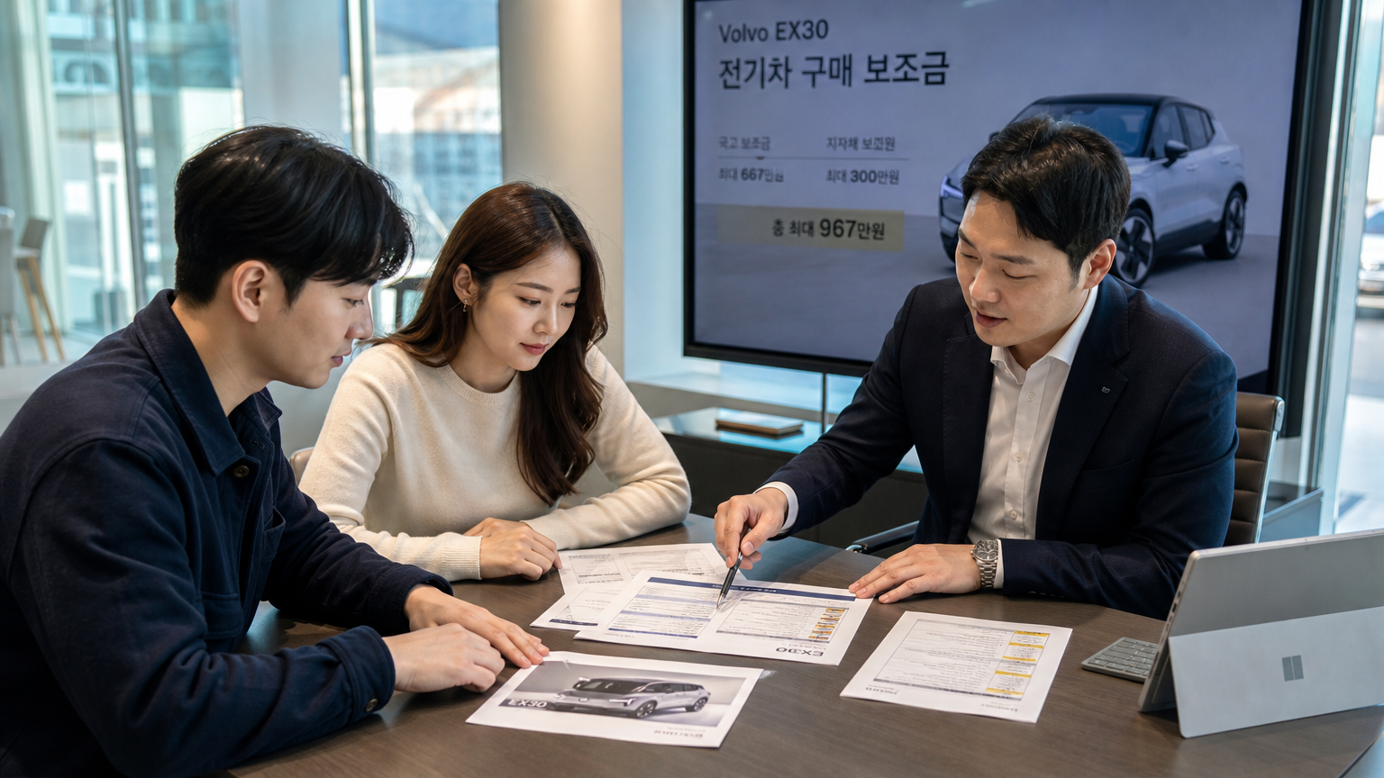 사무실 테이블에서 EV 보조금 정보를 검토하는 모습