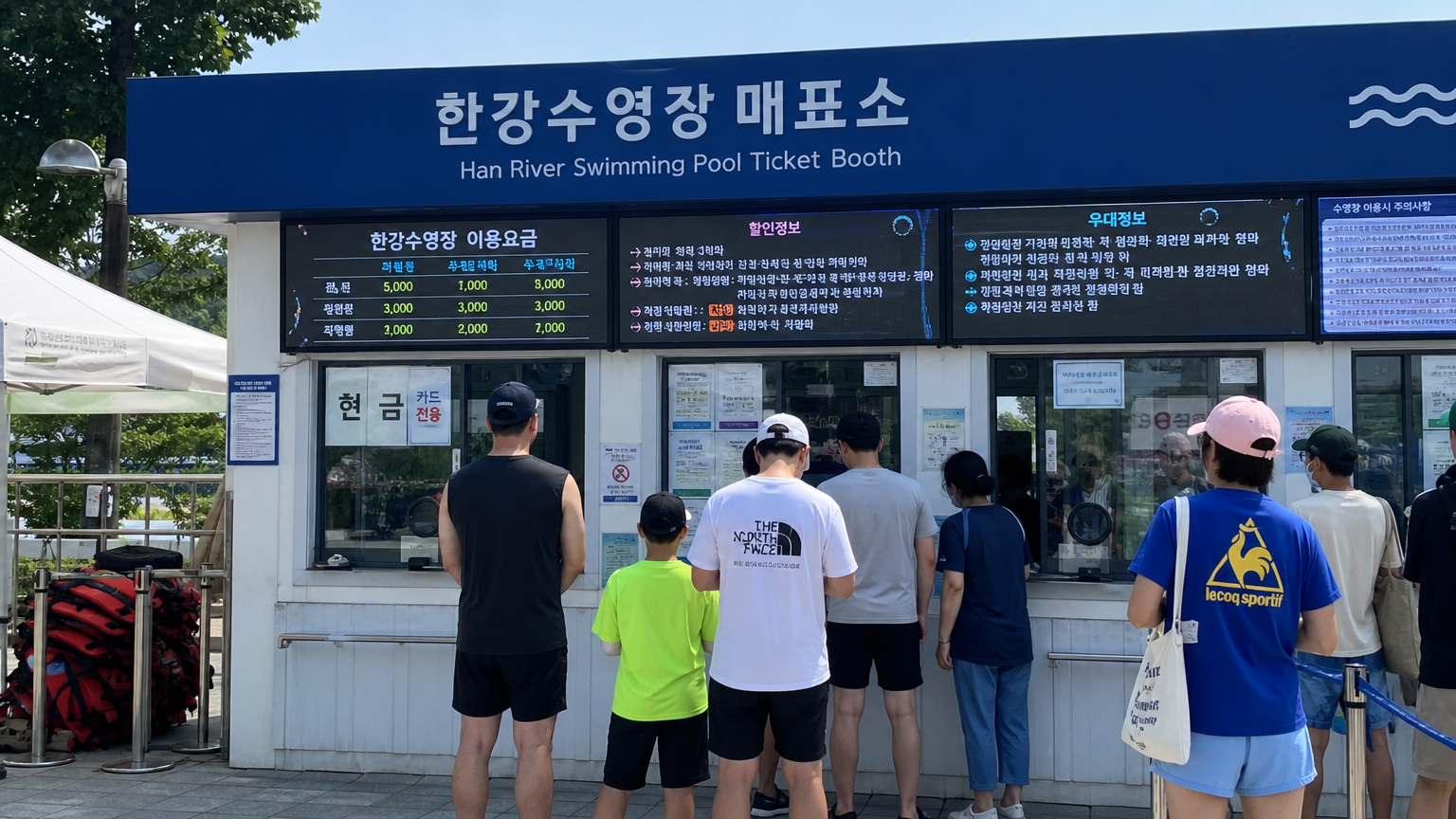 한강공원 수영장의 매표소에서 입장권을 구매하기 위해 줄 서 있는 사람들