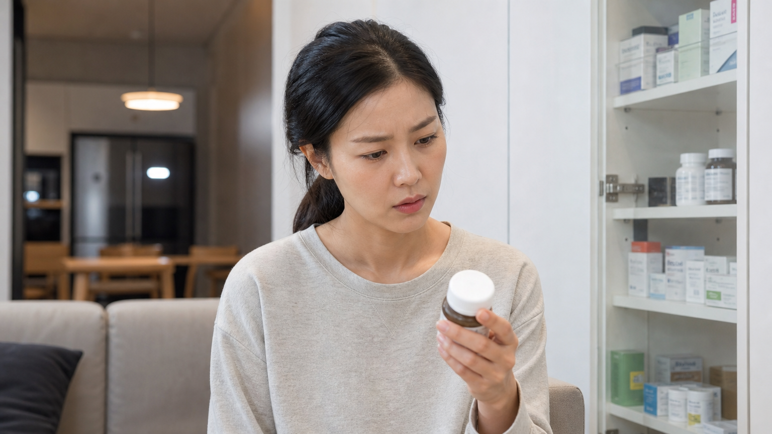 현대적인 거실에서 약병을 들고 걱정스러운 표정을 짓는 여성