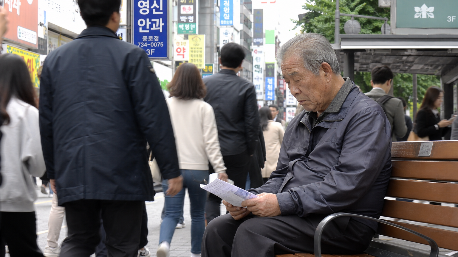 서울 번화가에서 피곤해 보이며 처방전을 들고 있는 노인