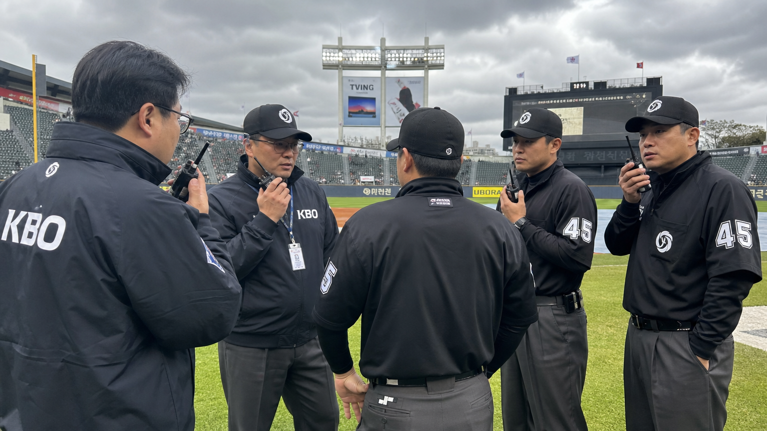 흐린 하늘 아래 기상 조건을 논의하는 KBO 관계자들과 심판들