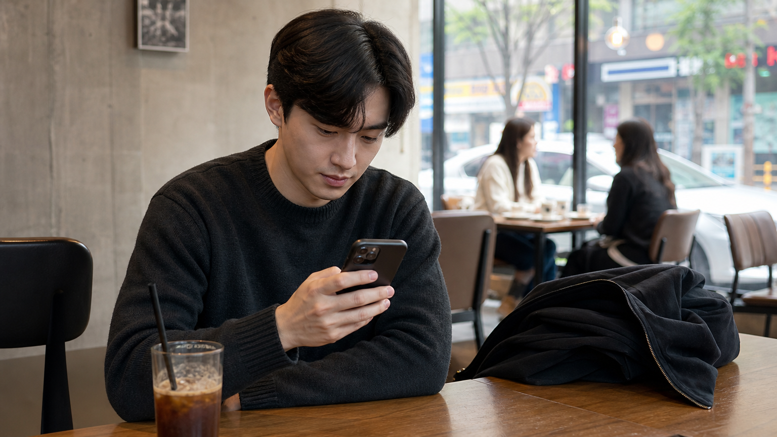 카페에서 스마트폰으로 친구의 관심사를 살펴보는 남성
