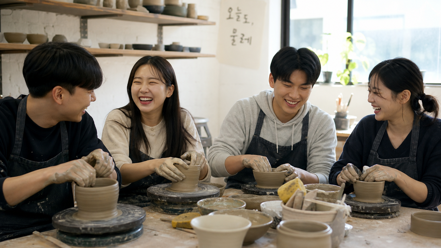 도예 수업에서 함께 웃으며 시간을 보내는 젊은 사람들
