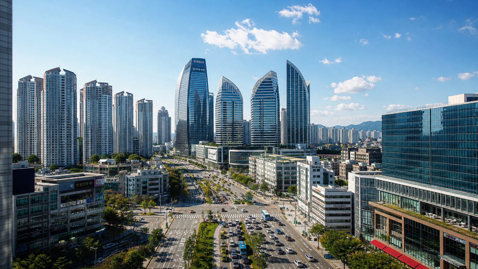 현대적인 한국 도시 풍경과 미래지향적 아파트 모습