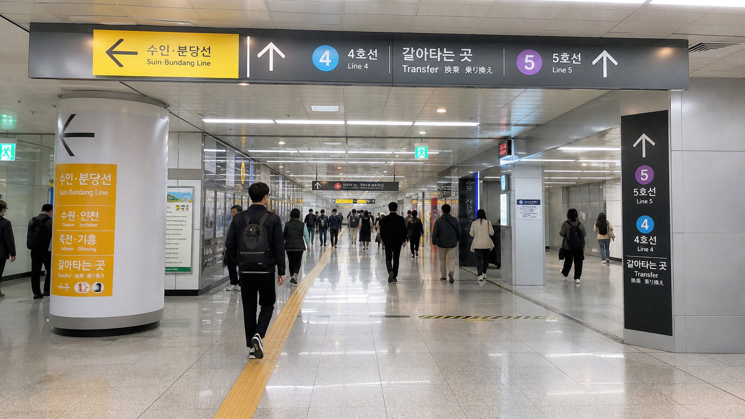 깔끔한 안내 표지판과 넓은 통로가 있는 효율적인 환승 경로