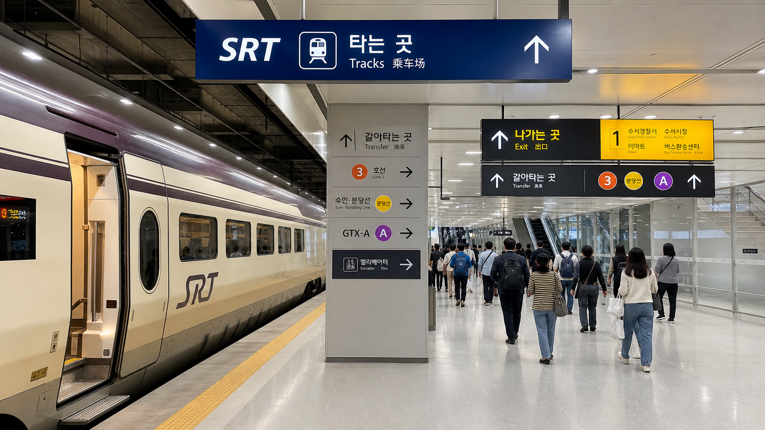 SRT 열차 플랫폼과 편리한 환승 통로를 통해 이동하는 승객들