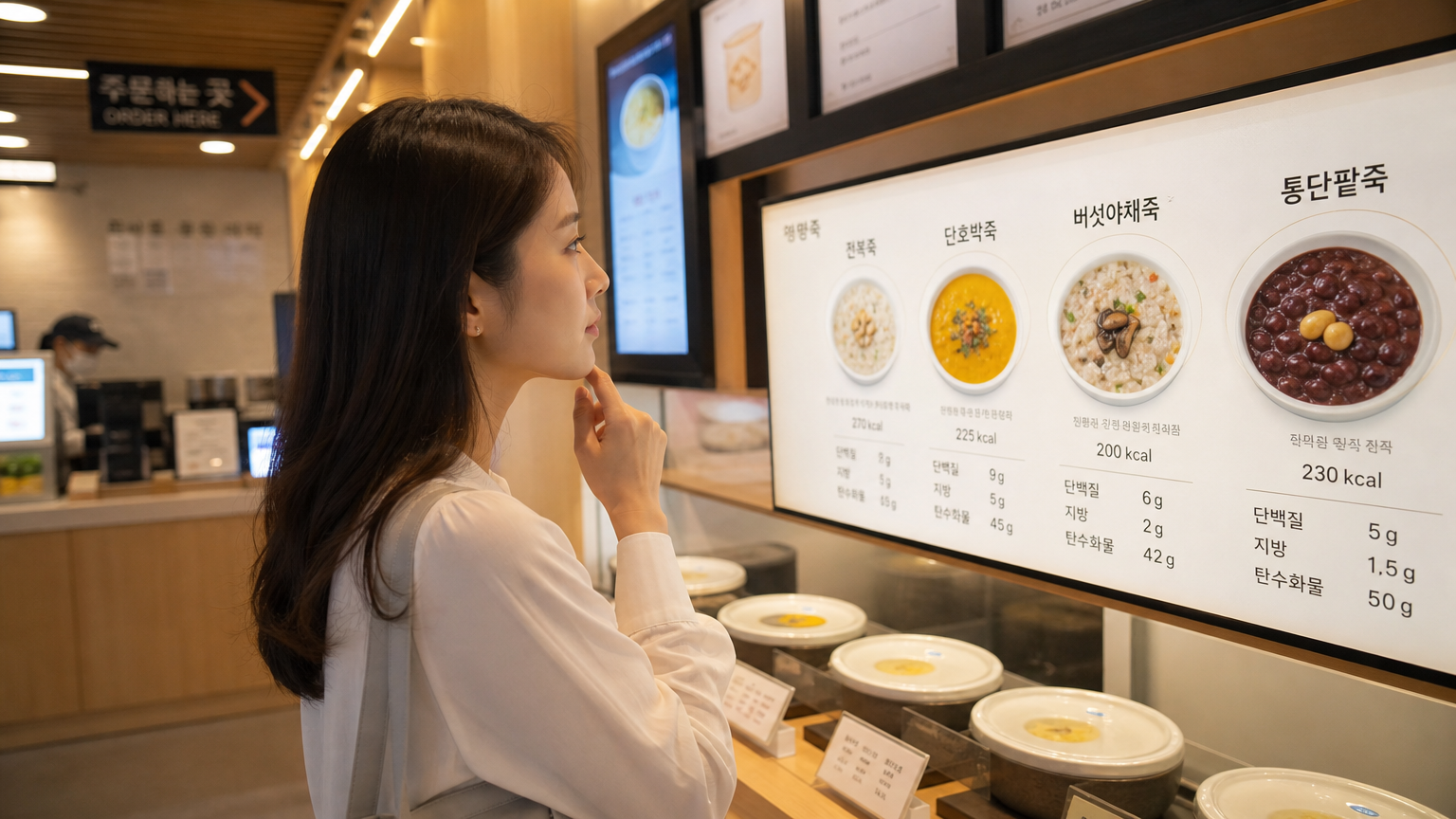 현대적인 식당 카운터에서 다양한 건강식 죽을 고르는 여성